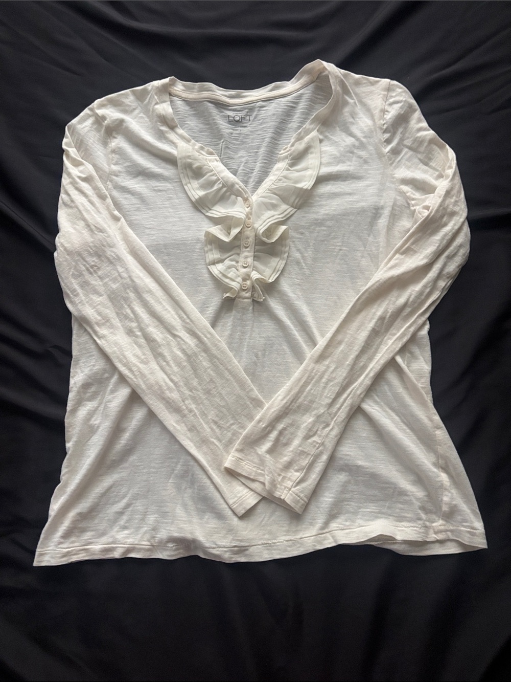LOFT Cream Long Sleeve Ruffle V-Neck Top